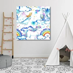 «Seamless pattern of a unicorn,dragon,fairy,stars,clouds and rainbow.Sketch.Watercolor hand drawn illustration.White background.» в интерьере детской комнаты для девочки с шалашом