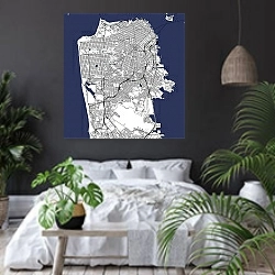 «map of the city of San Francisco, USA» в интерьере современной спальни с черными стенами