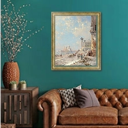 «Ponte di Paglia, Рива Скьявони, Венеция» в интерьере гостиной с зеленой стеной над диваном