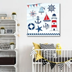 «Морские элементы: лодка, колокольчик, спасательный круг, маяк, якорь» в интерьере детской комнаты для мальчика с желтыми деталями