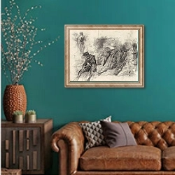 «Don Quixote» в интерьере гостиной с зеленой стеной над диваном