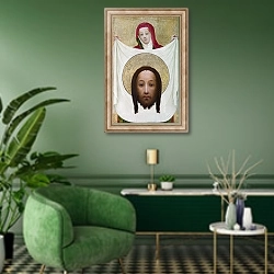 «Святая Вероника и Святой» в интерьере гостиной в зеленых тонах