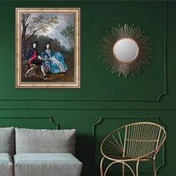 «Портрет художника с женой и дочерью» в интерьере классической гостиной с зеленой стеной над диваном