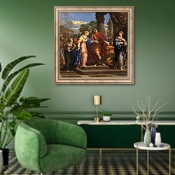 «Caesar giving Cleopatra the Throne of Egypt, c.1637» в интерьере гостиной в зеленых тонах