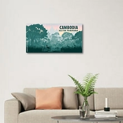 «Панорама Камбоджи с крокодилом, цаплями в джунглях » в интерьере современной светлой гостиной над диваном
