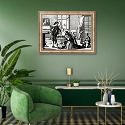 «The Husband Who Beats His Wife, engraved by Le Blond» в интерьере гостиной в зеленых тонах