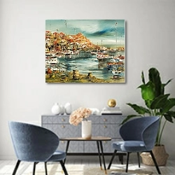 «Port on the Mediterranean Sea» в интерьере современной гостиной над комодом