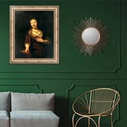 «Портрет Саскии с цветком» в интерьере классической гостиной с зеленой стеной над диваном