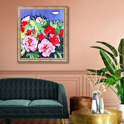 «пионы на фоне неба» в интерьере классической гостиной над диваном