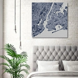 «План города Нью-Йорк, США, в синем цвете» в интерьере спальни в скандинавском стиле над кроватью