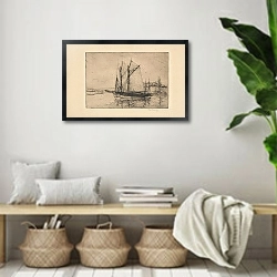 «Port in Concarneau» в интерьере комнаты в стиле ретро с плетеными корзинами