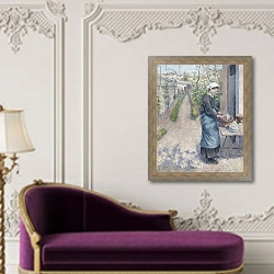 «In the Garden at Pontoise: A Young Woman Washing Dishes, 1882» в интерьере в классическом стиле над банкеткой