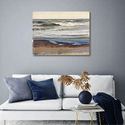 «Морской прибой на побережье Нормандии» в интерьере современной гостиной в синих тонах