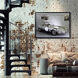 «Elva MkII '1956–59» в интерьере двухярусной гостиной в стиле лофт с кирпичной стеной