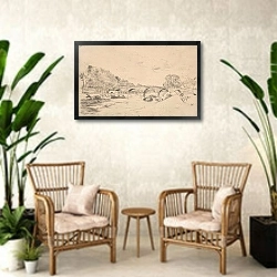 «Pont Marie in Paris, state II» в интерьере комнаты в стиле ретро с плетеными креслами