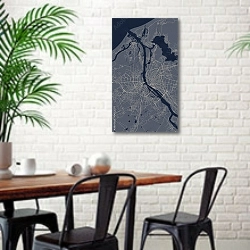 «План города Рига, Латвия, в синем цвете» в интерьере столовой в скандинавском стиле с кирпичной стеной