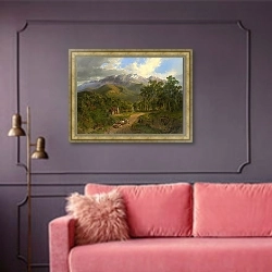 «Пастбища бизонов» в интерьере гостиной с розовым диваном