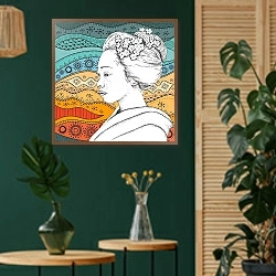 «Голова японки на этническом узоре» в интерьере в этническом стиле с зеленой стеной