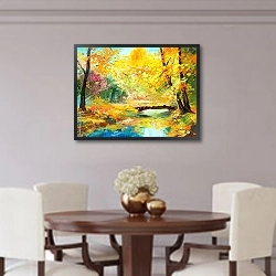 «Мостик через реку в осеннем лесу» в интерьере столовой в классическом стиле