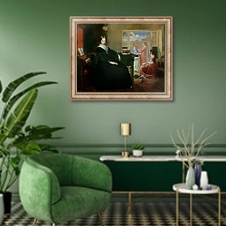 «The Governess, 1844» в интерьере гостиной в зеленых тонах