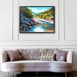 «Горная река, цветы возле скалы» в интерьере гостиной в классическом стиле над диваном
