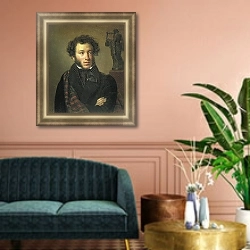 «Портрет поэта Александра Сергеевича Пушкина. 1827» в интерьере классической гостиной над диваном