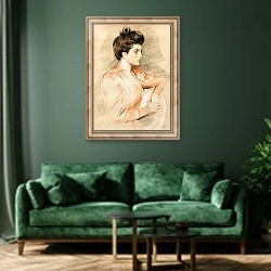 «Profile Portrait Of Elisabeth Van Biema» в интерьере зеленой гостиной над диваном