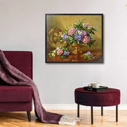«AB2112 Hydrangeas and Lilacs» в интерьере гостиной в бордовых тонах