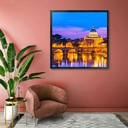 «Италия. Рим. Яркие краски над Тибром. Базилика Святого Петра» в интерьере современной гостиной в розовых тонах
