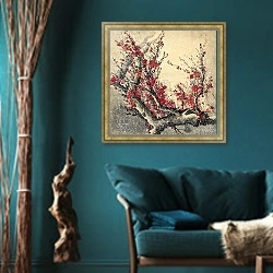 «Ветка цветущей сливы 4» в интерьере зеленой гостиной в этническом стиле над диваном