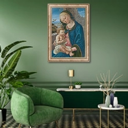 «Дева Мария с младенцем 5» в интерьере гостиной в зеленых тонах