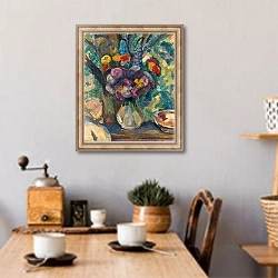 «Blumenstilleben mit Zinnien» в интерьере кухни над обеденным столом с кофемолкой