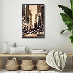 «Городская улица с офисными зданиями в стиле ретро» в интерьере комнаты в стиле ретро с плетеными корзинами