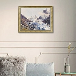 «Glacier des Bois, Chamonix» в интерьере классической гостиной с зеленой стеной над диваном