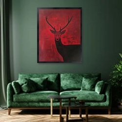 «Deer's silent strength» в интерьере зеленой гостиной над диваном