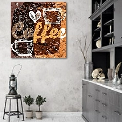 «Кофейный постер с гранж текстурой» в интерьере современной кухни в серых тонах