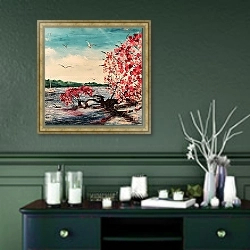 «Сакура» в интерьере прихожей в зеленых тонах над комодом