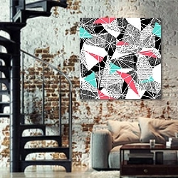 «Цветные треугольники на черно-белом узоре» в интерьере двухярусной гостиной в стиле лофт с кирпичной стеной