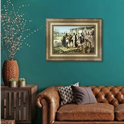 «Чудо в Кане. 1887» в интерьере гостиной с зеленой стеной над диваном