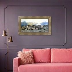 «Сражение на Шипке» в интерьере гостиной с розовым диваном