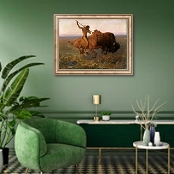«Indian Hunting Buffalo» в интерьере гостиной в зеленых тонах