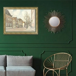 «Raaks, ziende naar het westen» в интерьере классической гостиной с зеленой стеной над диваном