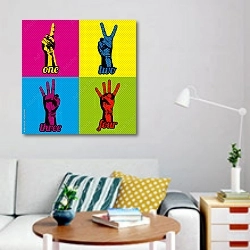 «Номера и руки в стиле поп-арт» в интерьере гостиной в стиле поп-арт с яркими деталями