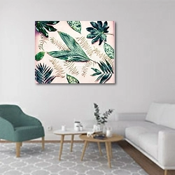 «Пальмовые листья разной формы на пастельно-розовом фоне» в интерьере гостиной в скандинавском стиле с зеленым креслом