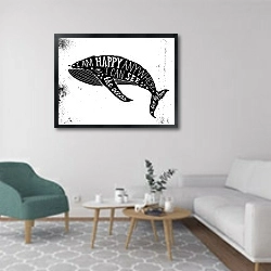 «Типографский плакат с китом» в интерьере гостиной в скандинавском стиле с зеленым креслом