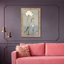 «Kingfisher with Lotus Flower» в интерьере гостиной с розовым диваном
