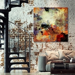 «Абстрактная гранж текстура в красных тонах» в интерьере двухярусной гостиной в стиле лофт с кирпичной стеной