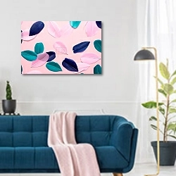 «Черные, белые и золотые листья фикуса на белом фоне» в интерьере современной гостиной над синим диваном