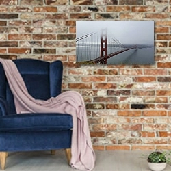 «США. Golden Gate Bridge Red Pop on B&W» в интерьере в стиле лофт с кирпичной стеной и синим креслом