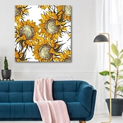«seamless ornament with sunflowers» в интерьере современной гостиной над синим диваном